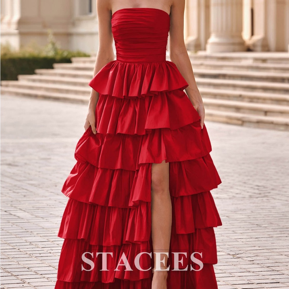 Red Strapless Ruffle Dress